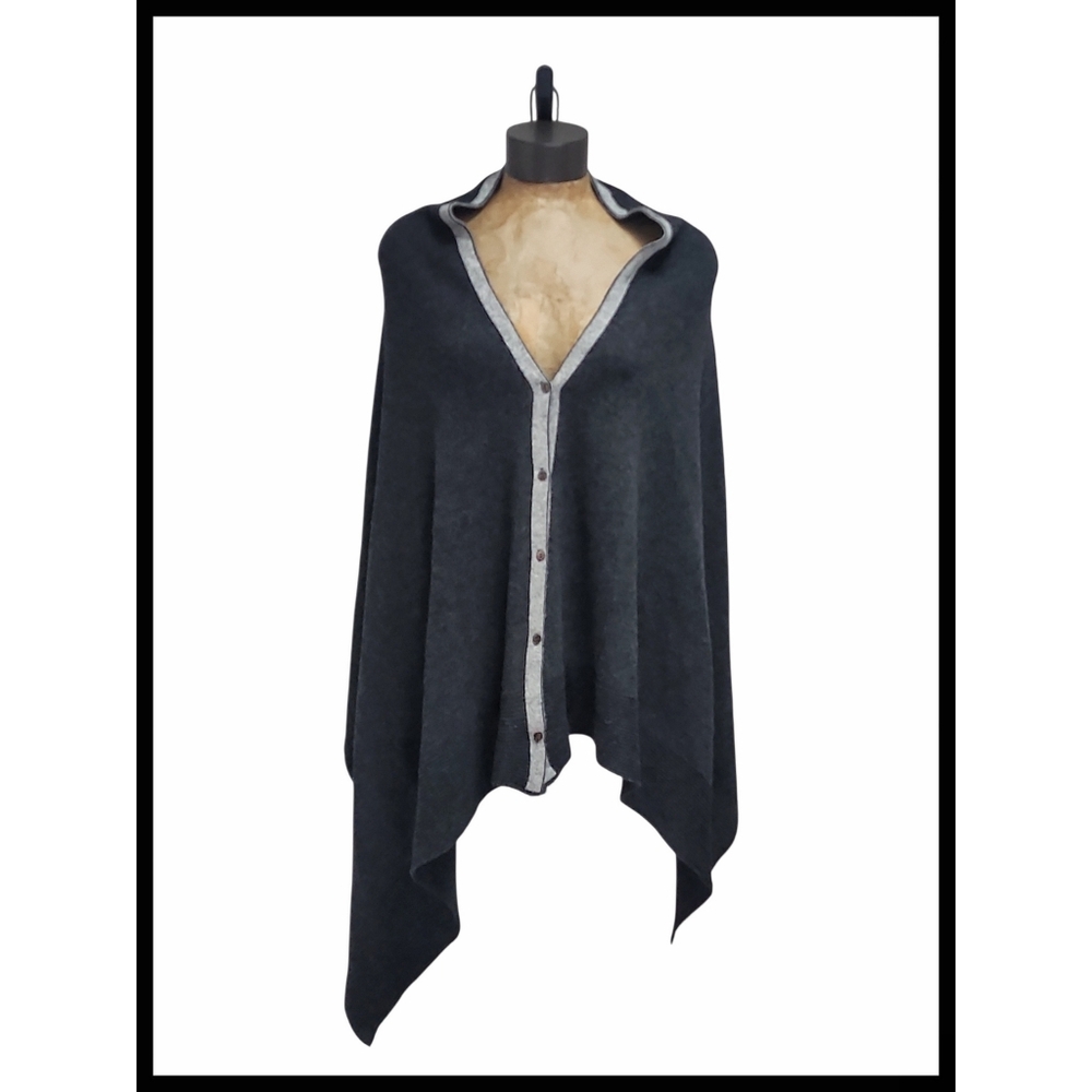 Vintage Avoca Cashmere Wool Blend Shawl Cover Vneck Button Down Charcoal Gray OS
